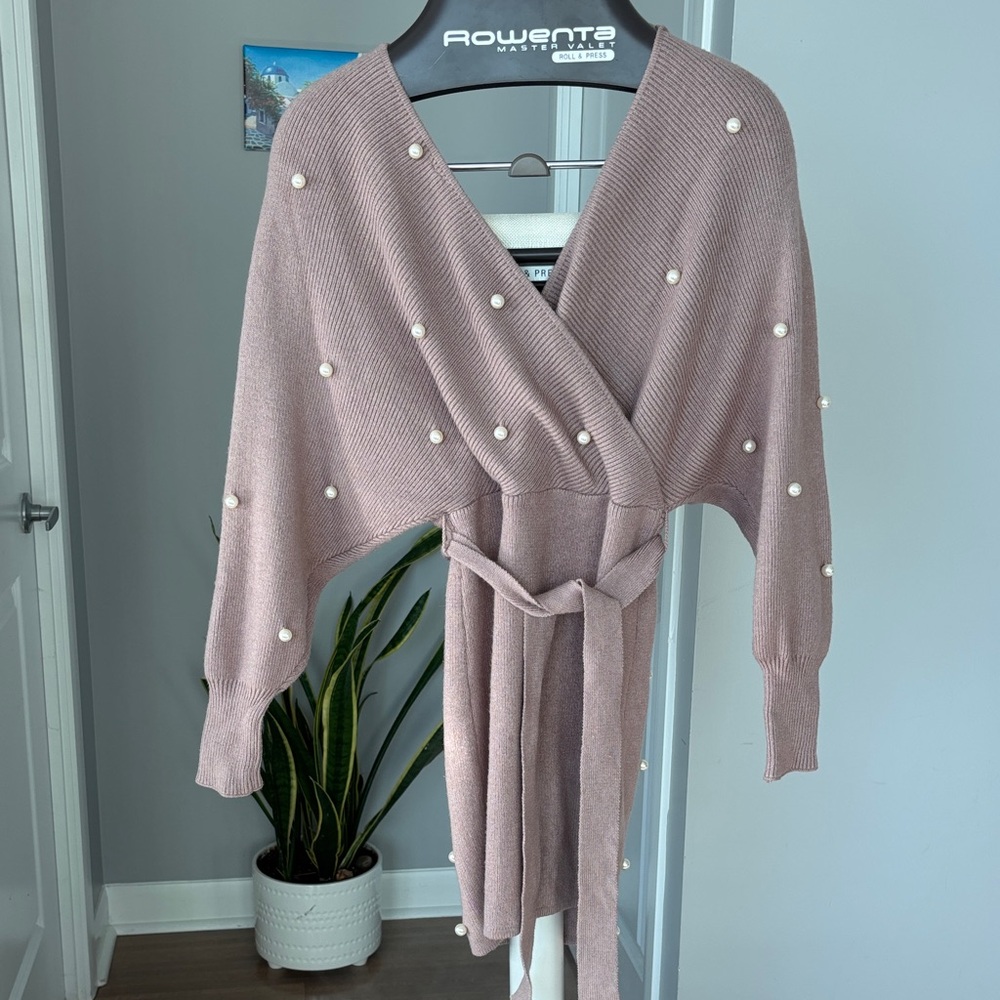 San Joy Pearl-Embellished Sweather Dress